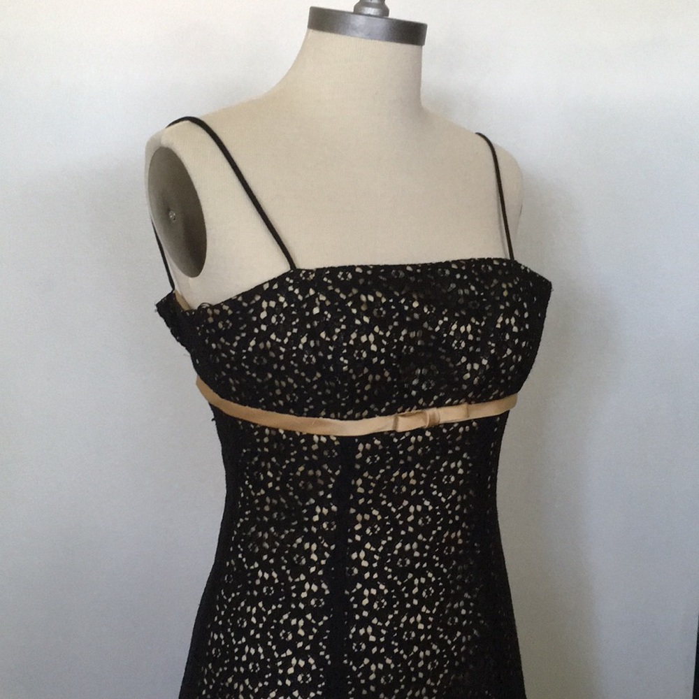 Black lace over champagne party dress